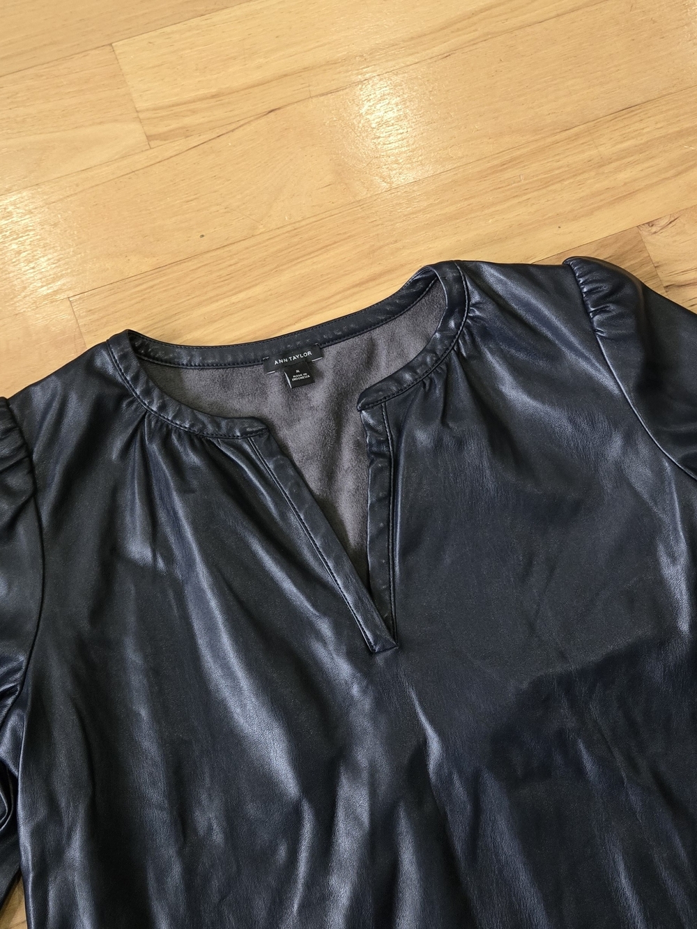 Ann Taylor Navy Faux Leather Split-Neck Women’s Top
